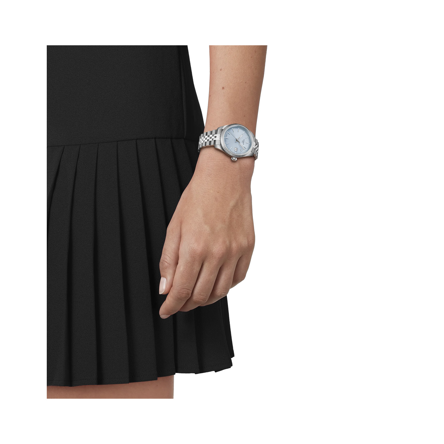 Tissot, Ballade Ice Blue, Quartz Women's Watch Tissot, Ballade with a 34mm stainless steel case and bracelet strap featuring a date function and an ice blue guilloché dial.