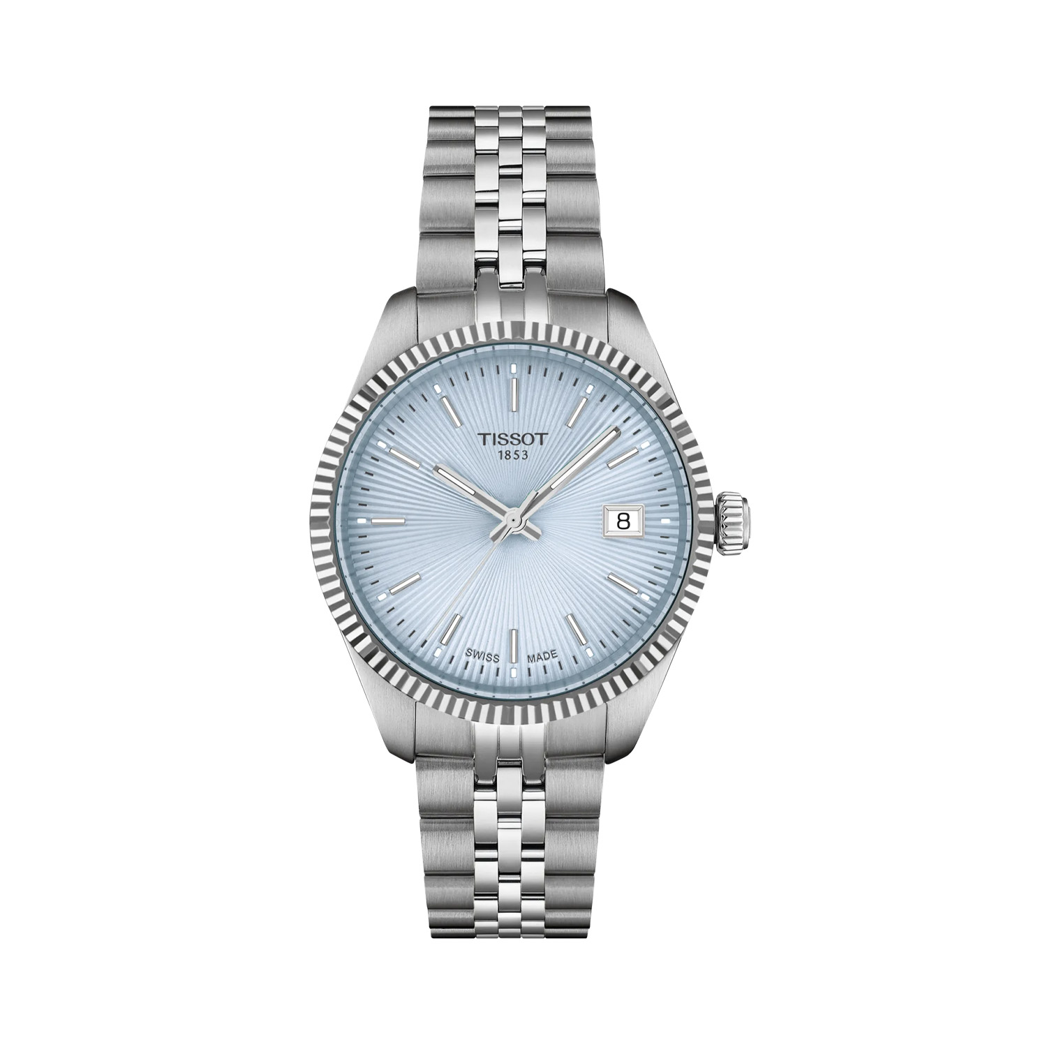 Tissot, Ballade Ice Blue, Quartz Women's Watch Tissot, Ballade with a 34mm stainless steel case and bracelet strap featuring a date function and an ice blue guilloché dial.