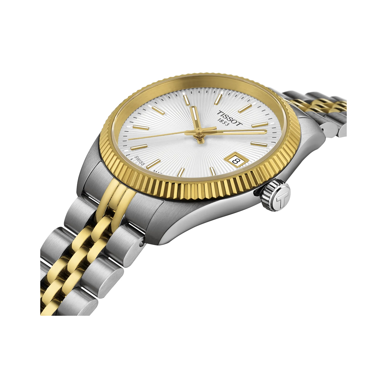 Tissot, Ballade with a 34mm stainless steel and yellow gold PVD coated case and bracelet strap featuring a date function and a silver guilloché dial.