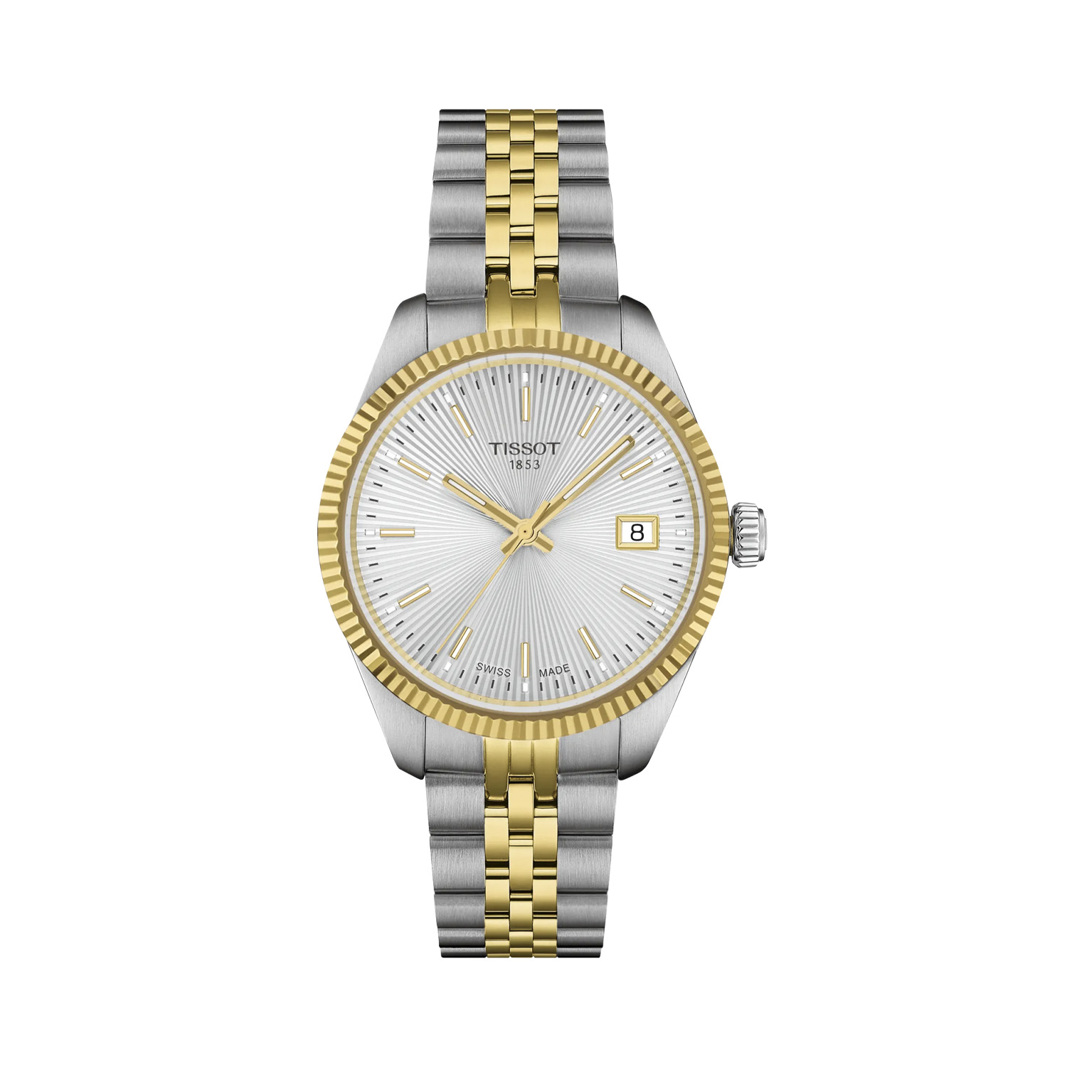 Tissot, Ballade with a 34mm stainless steel and yellow gold PVD coated case and bracelet strap featuring a date function and a silver guilloché dial.
