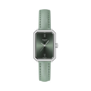 Tissot, SRV with a 30mm stainless steel rectangular case and a green leather strap featuring a green dial.