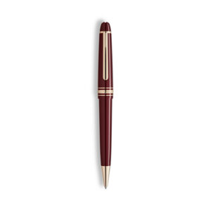 A Montblanc, Meisterstück Burgundy Red midsize ballpoint pen crafted in precious resin with signature gold fittings, featuring the iconic white Montblanc emblem inlaid in the cap top.