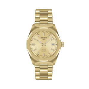 Tissot, PRC 100 with a 34mm stainles steel yellow gold PVD coated case and bracelet strap featuring a date function and a champagne coloured dial.