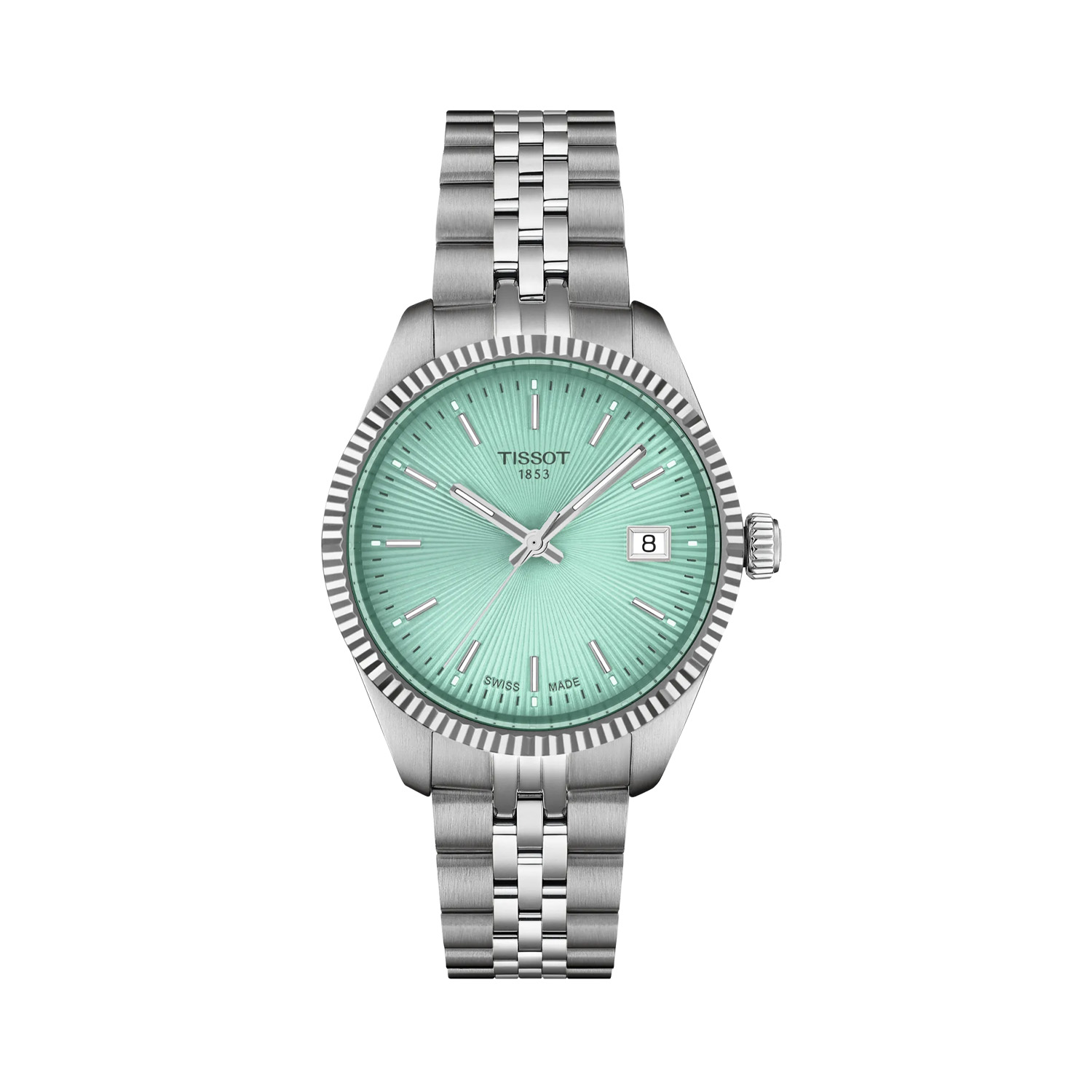 Tissot, Ballade Light Green, Quartz Women's Watch Tissot, Ballade with a 34mm stainless steel case and bracelet strap featuring a date function and a light green guilloché dial.