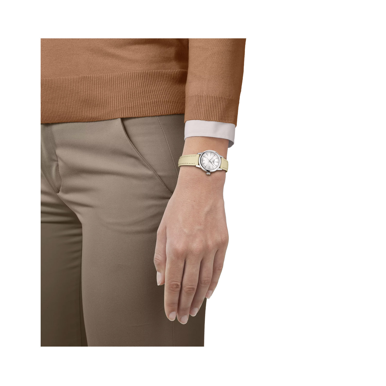 Tissot, Classic Dream with a 28mm stainless steel case and a beige leather strap featuring a date function and a mother of pearl dial.