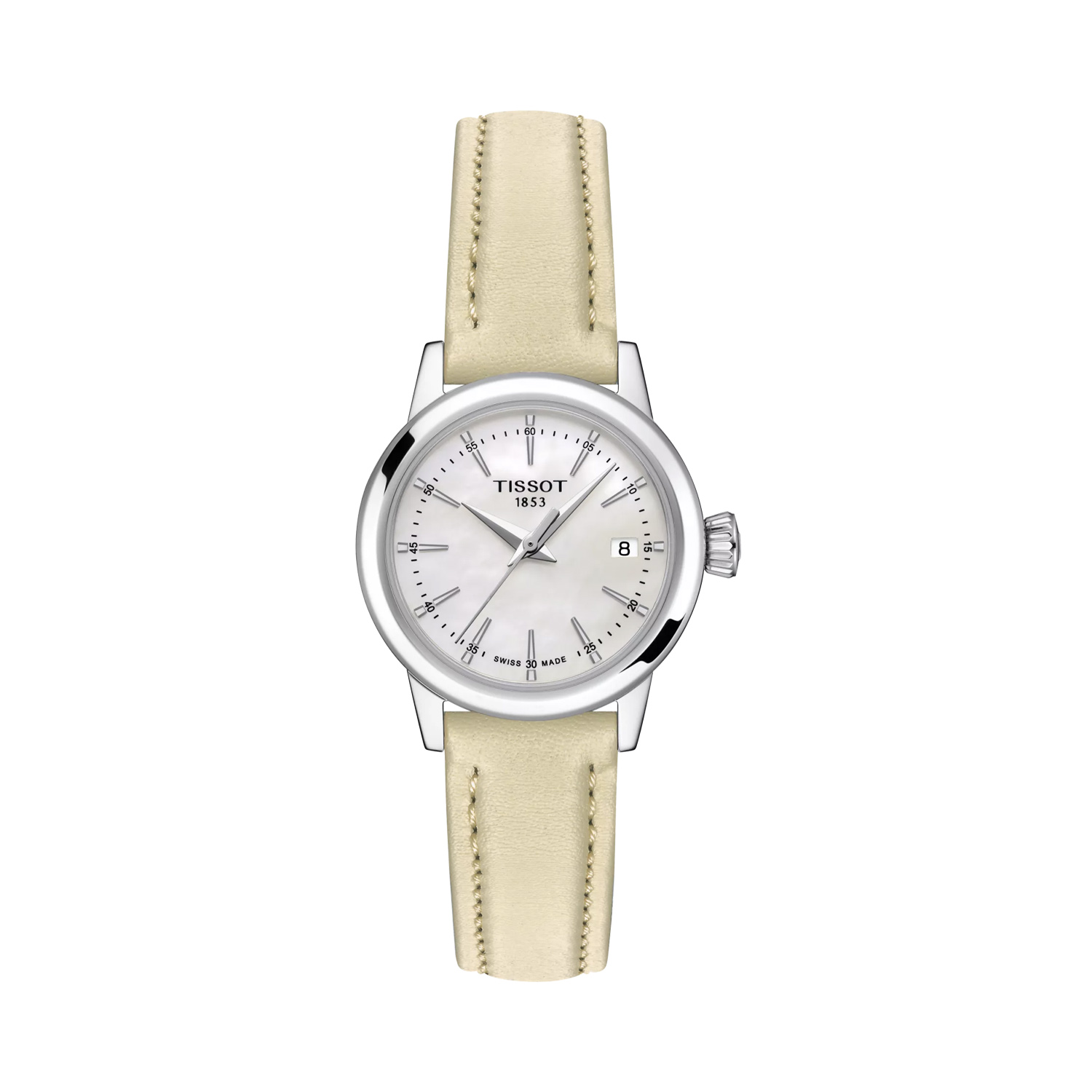 Tissot, Classic Dream with a 28mm stainless steel case and a beige leather strap featuring a date function and a mother of pearl dial.