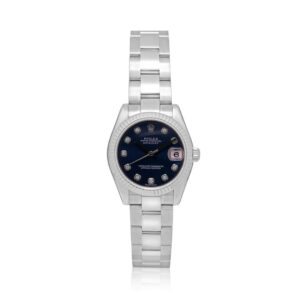 Rolex, Datejust with a 31mm 18ct white gold case and Oyster bracelet featuring a fluted bezel, date function and a diamond set blue coloured dial.