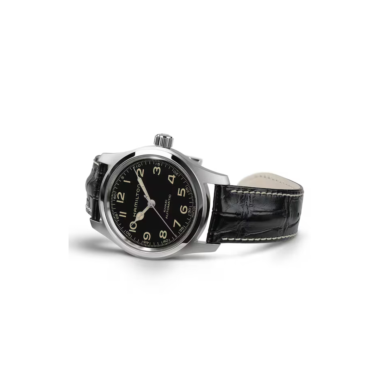 Hamilton, Khaki Field Murph Black 42mm, Automatic Men's Watch Hamilton, Khaki Field Murph with a 42mm stainless steel case and a black leather strap featuring a black dial.