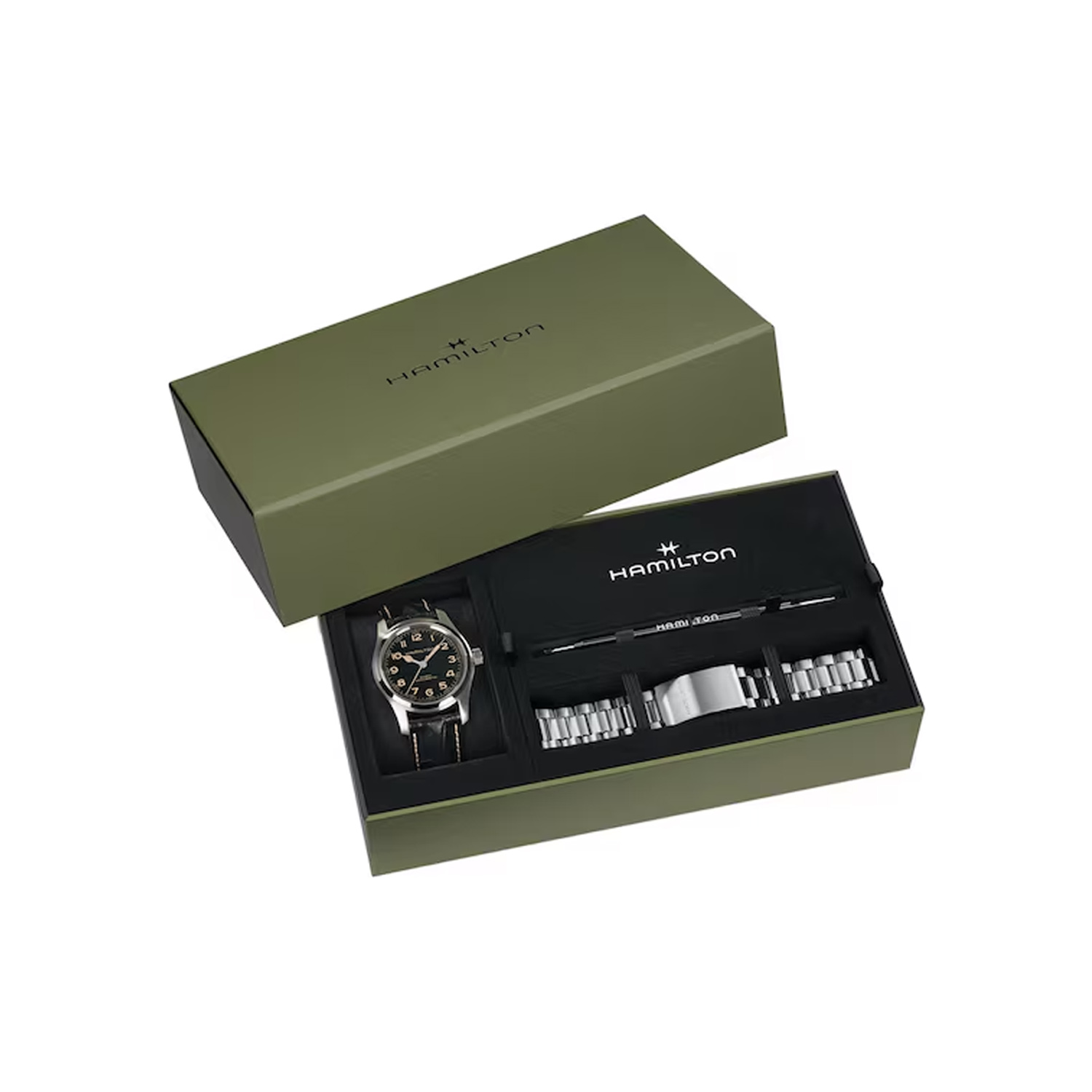 Hamilton, Khaki Field Murph Black 42mm, Automatic Men's Watch Hamilton, Khaki Field Murph with a 42mm stainless steel case and a black leather strap featuring a black dial.