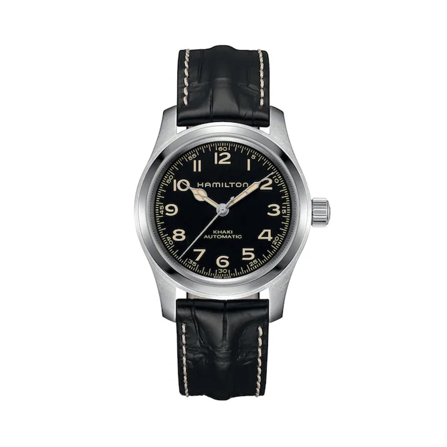 Hamilton, Khaki Field Murph Black 42mm, Automatic Men's Watch Hamilton, Khaki Field Murph with a 42mm stainless steel case and a black leather strap featuring a black dial.