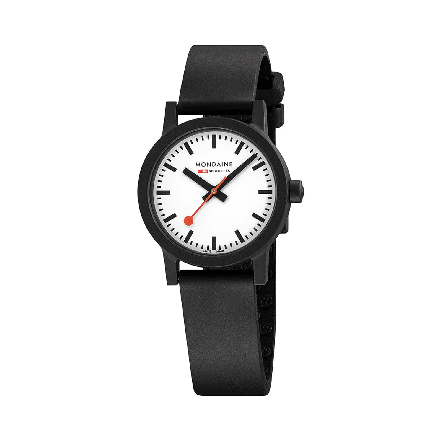 Mondaine, Essence with a 32mm stainless steel case and black vegan natural rubber strap featuring a white dial.