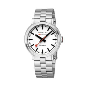 Mondaine, Original Automatic with a 41mm stainless steel case and bracelet strap featuring a white dial.