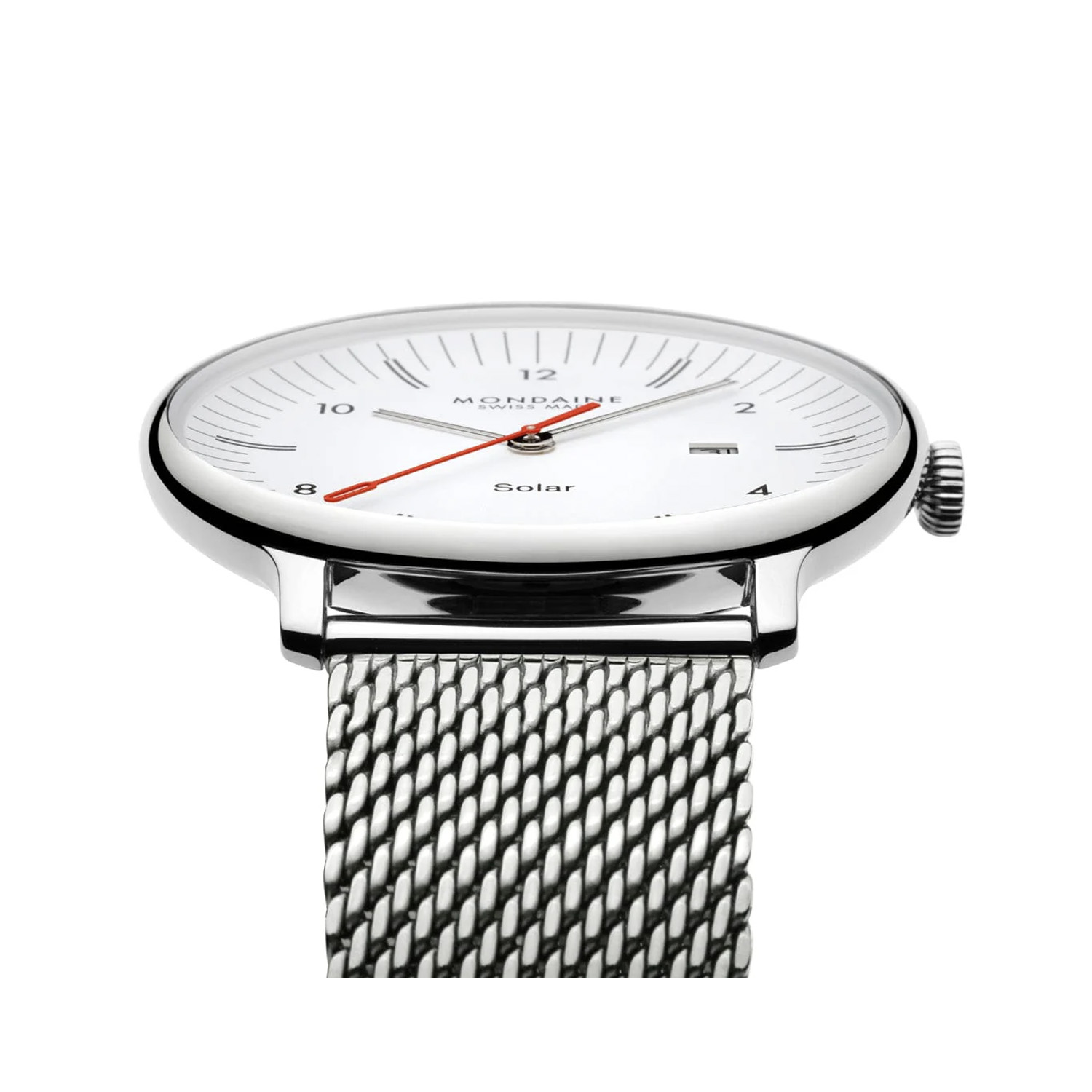 Mondaine, Doppio with a 41mm stainless steel case and bracelet strap featuring a date function and a white dial.