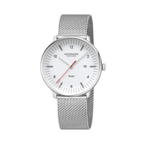 Mondaine, Doppio with a 41mm stainless steel case and bracelet strap featuring a date function and a white dial.