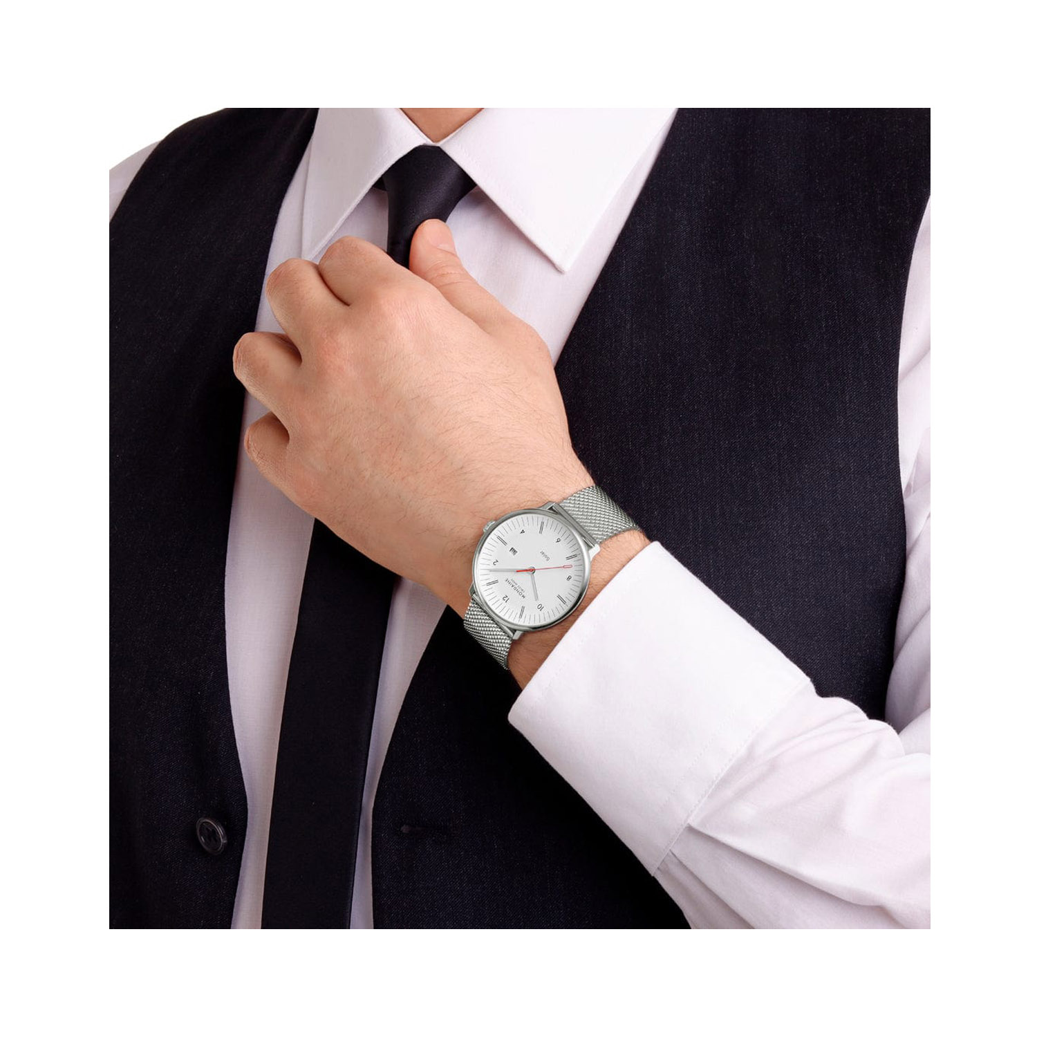 Mondaine, Doppio with a 41mm stainless steel case and bracelet strap featuring a date function and a white dial.