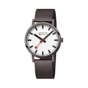 Mondaine, Classic with a 40mm stainless steel IP brown brushed case and bracelet strap featuring a white dial.