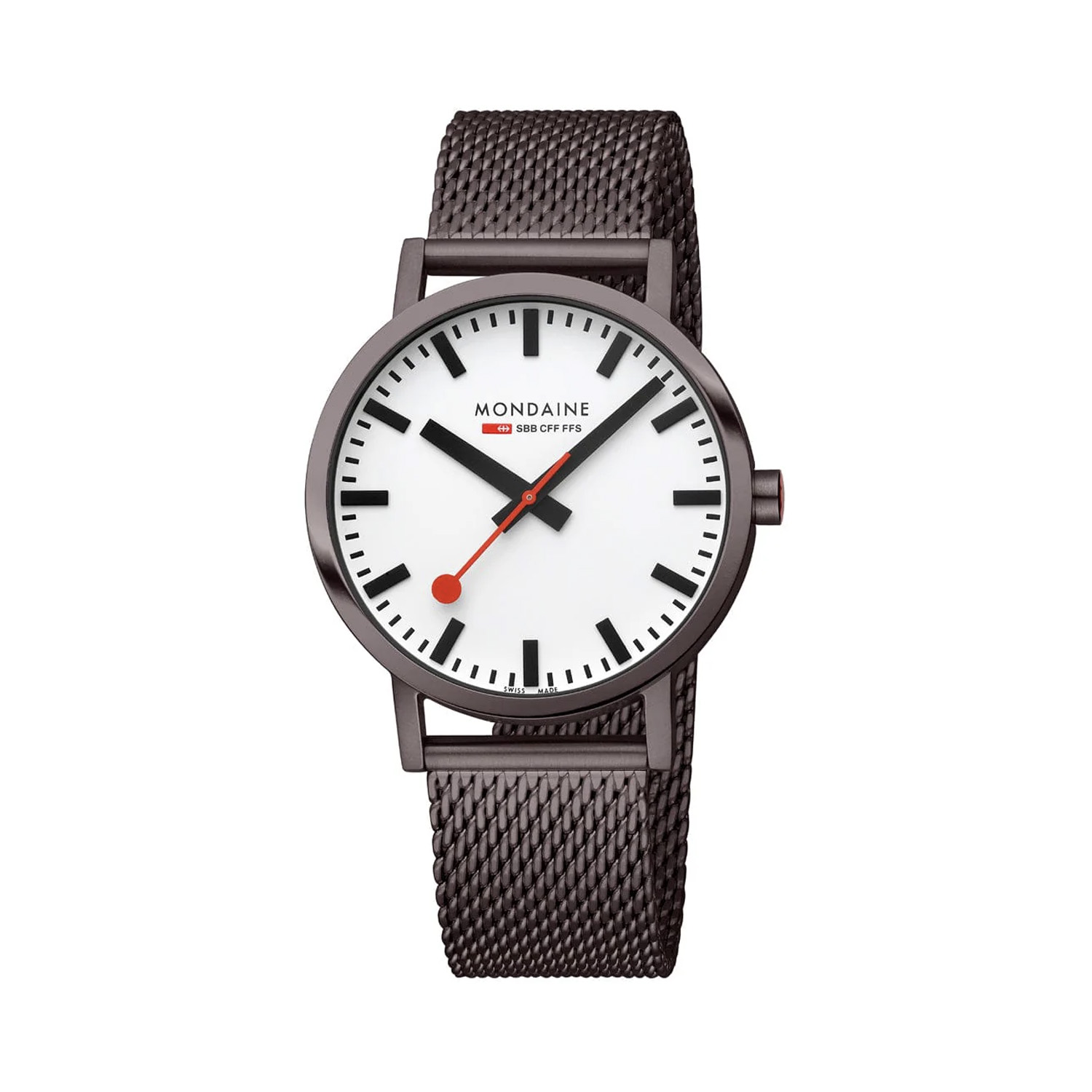 Mondaine, Classic Brown, Quartz Men's Watch Mondaine, Classic with a 40mm stainless steel IP brown brushed case and bracelet strap featuring a white dial.