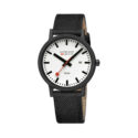 Mondaine, Essence with a 41mm stainless steel case and a black nylon strap featuring a date function and a white dial.