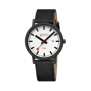 Mondaine, Essence with a 41mm stainless steel case and a black nylon strap featuring a date function and a white dial.