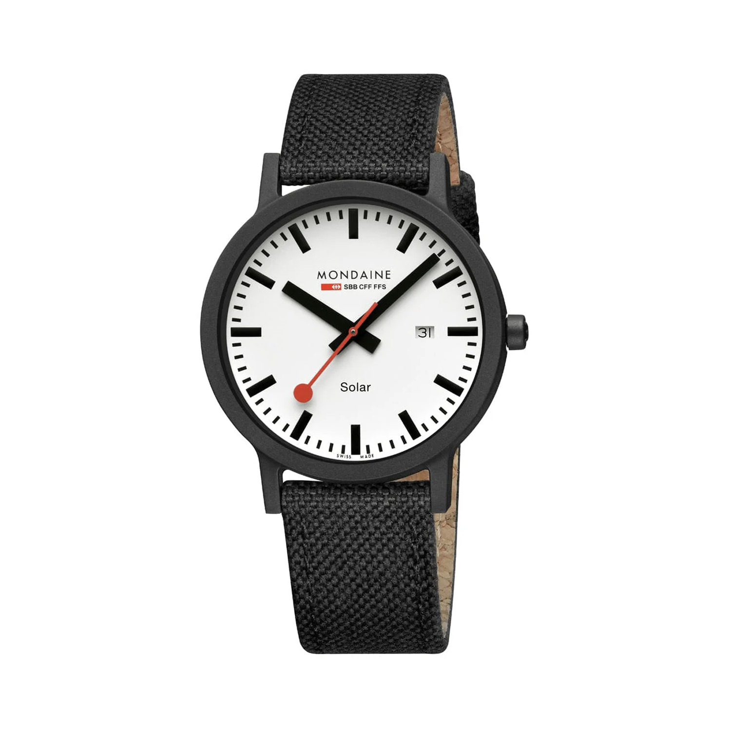 Mondaine, Essence with a 41mm stainless steel case and a black nylon strap featuring a date function and a white dial.