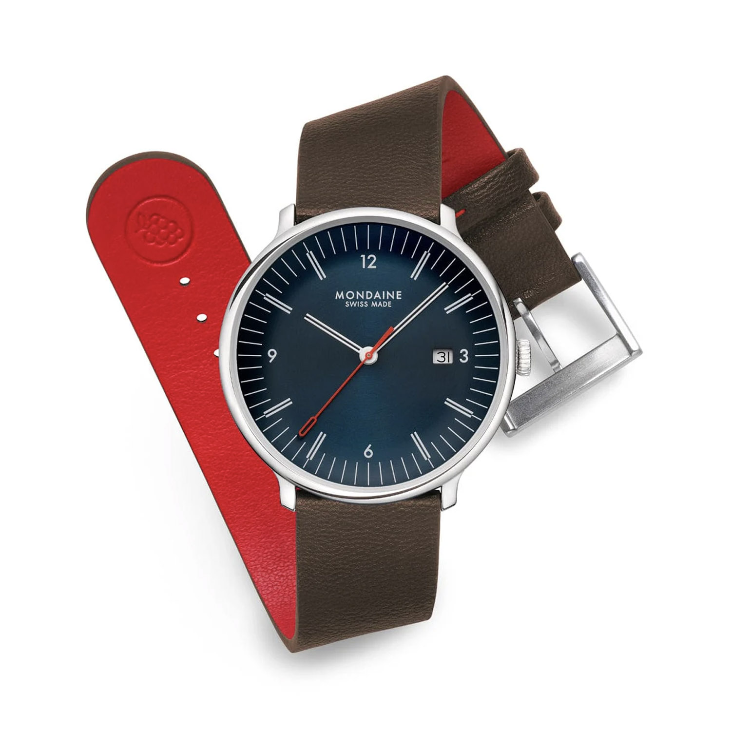 Mondaine, Doppio Blue with Brown Vegan Leather Strap, Quartz Men's Watch Mondaine, Doppio with a 41mm stainless steel case and a brown vegan grape leather strap featuring a date function and a blue dial.