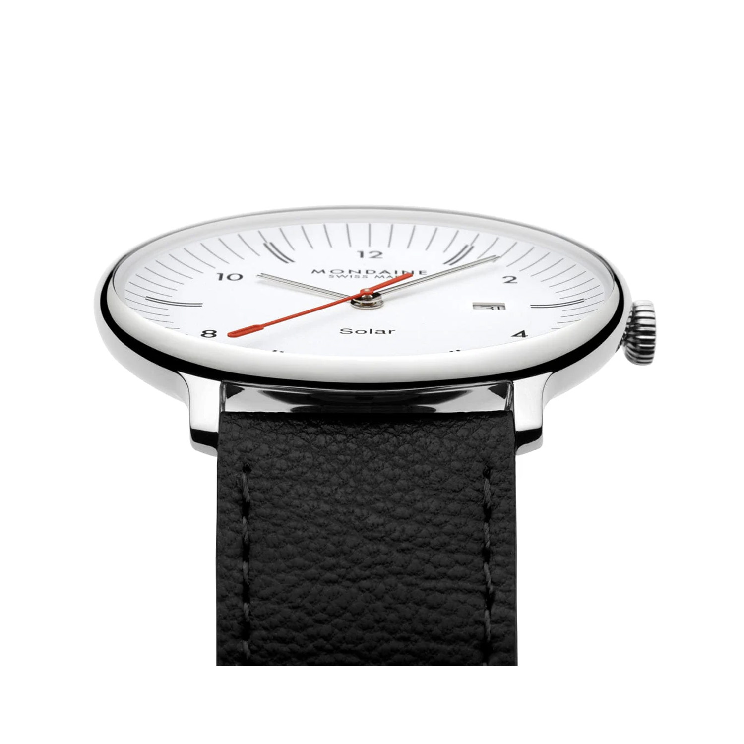 Mondaine, Doppio with a 41mm stainless steel case and a black vegan grape leather strap featuring a date function and a white dial.