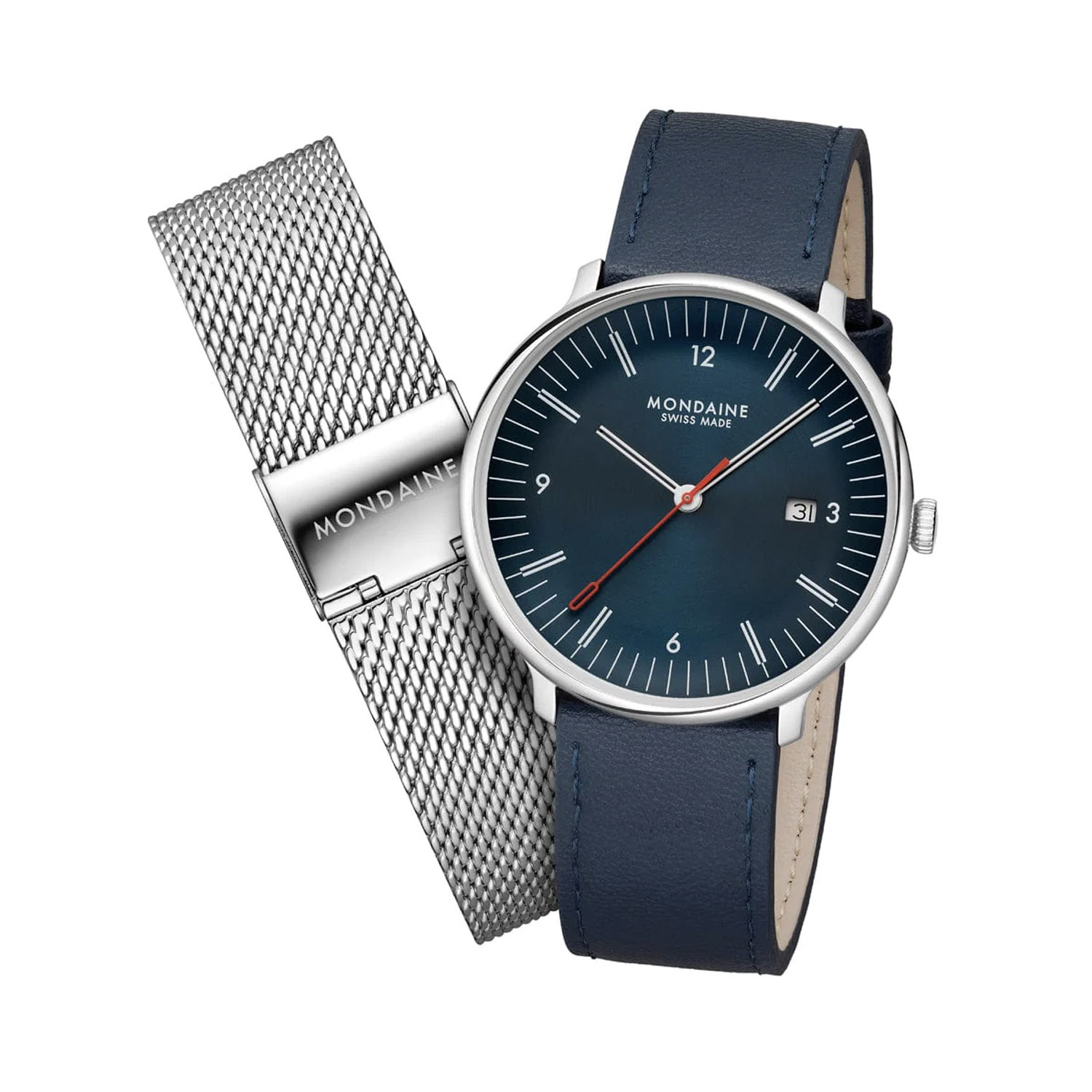 Mondaine, Doppio with a 41mm stainless steel case and blue vegan apple leather strap featuring a date function and a blue dial.