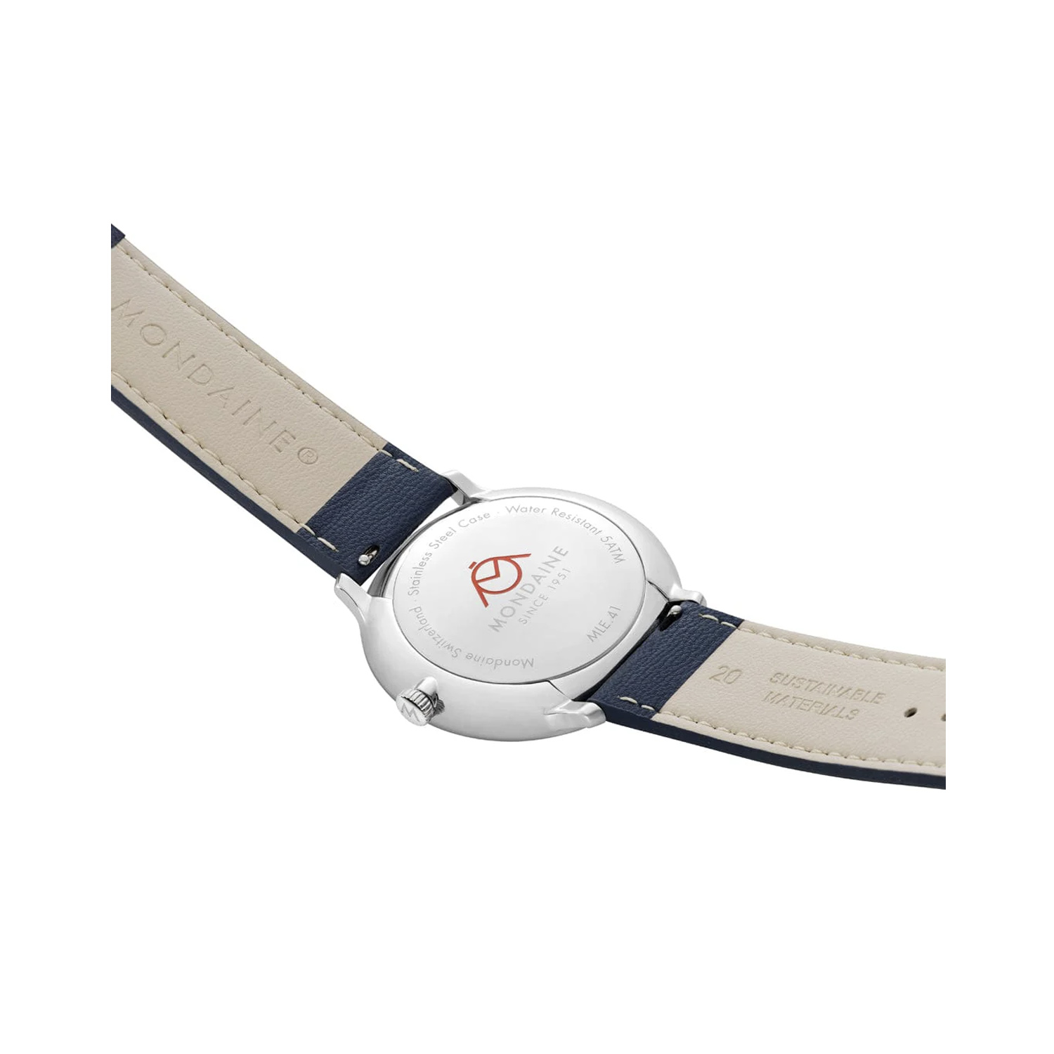 Mondaine, Doppio with a 41mm stainless steel case and blue vegan apple leather strap featuring a date function and a blue dial.