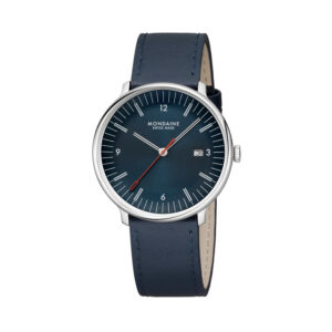 Mondaine, Doppio with a 41mm stainless steel case and blue vegan apple leather strap featuring a date function and a blue dial.