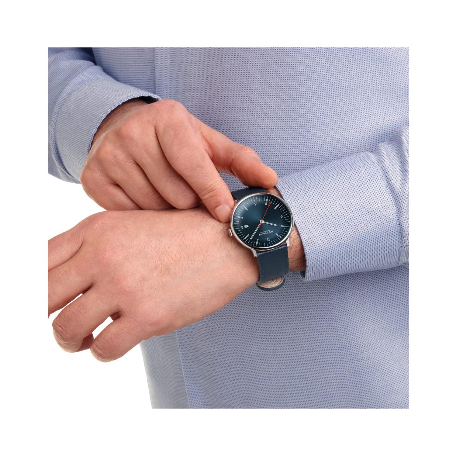 Mondaine, Doppio with a 41mm stainless steel case and blue vegan apple leather strap featuring a date function and a blue dial.