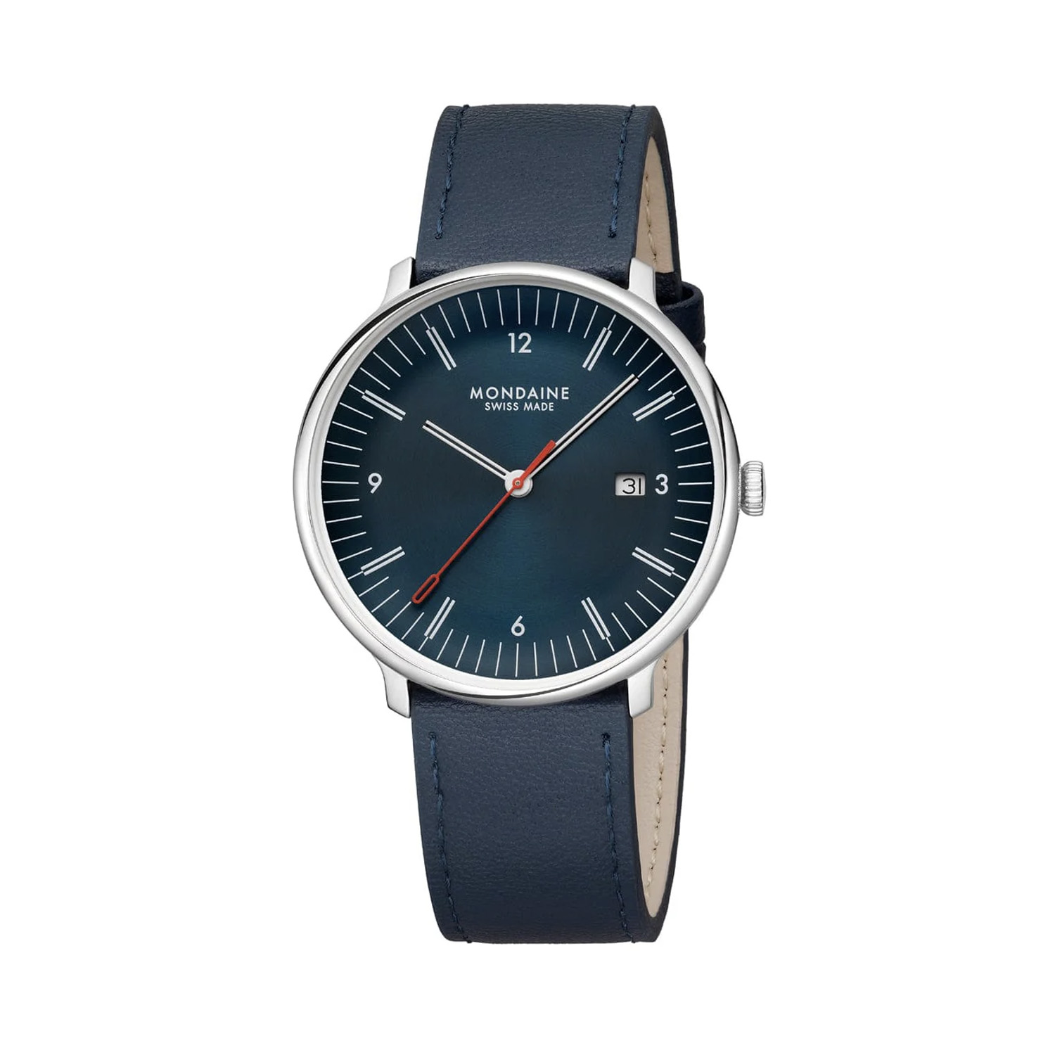 Mondaine, Doppio with a 41mm stainless steel case and blue vegan apple leather strap featuring a date function and a blue dial.