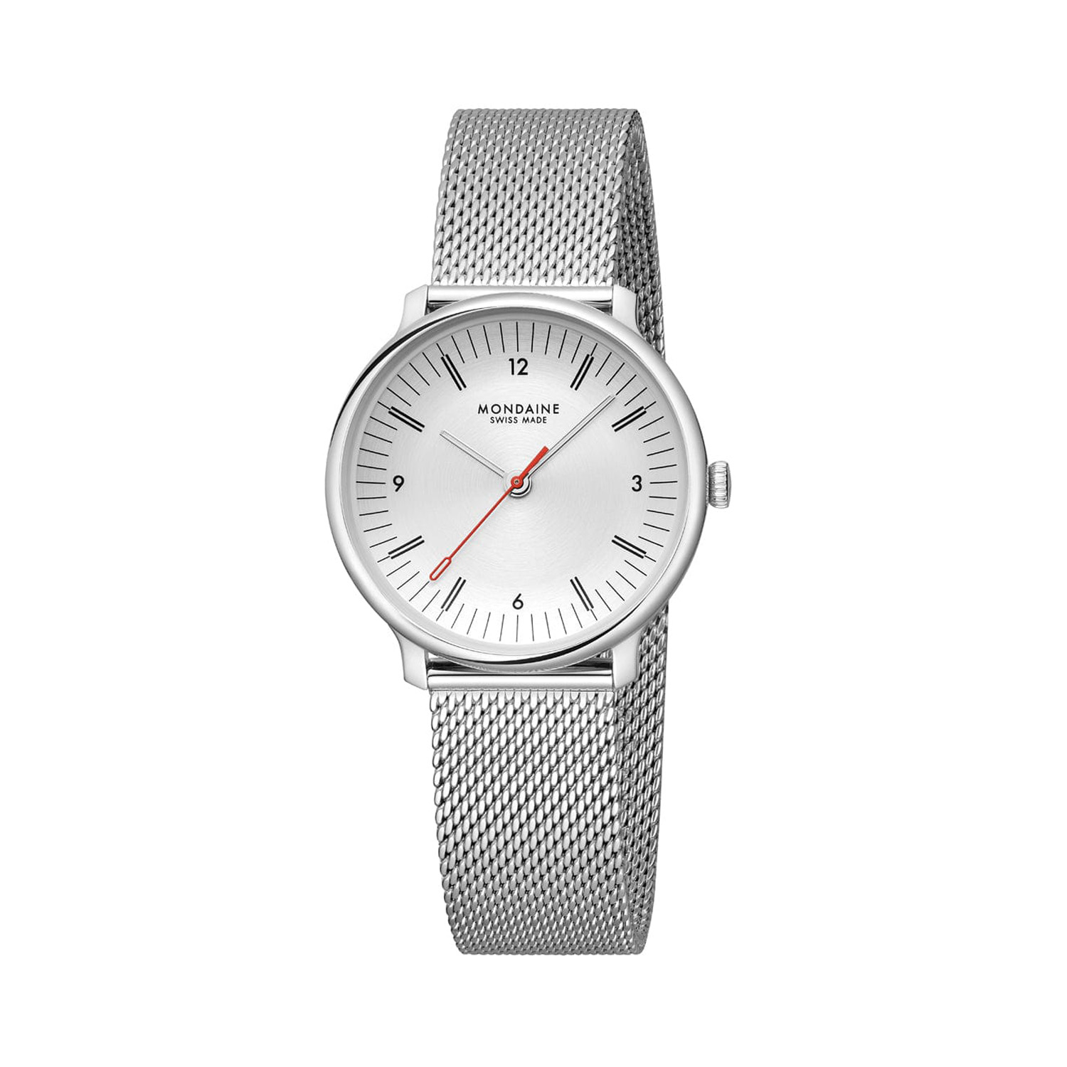 Mondaine, Doppio with a 33mm stainless steel case and bracelet strap featuring a silver dial.