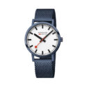 Mondaine, Classic with a 40mm stainless steel IP blue brushed case and bracelet strap featuring a white dial.