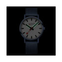 Mondaine, Classic with a 40mm stainless steel IP blue brushed case and bracelet strap featuring a white dial.