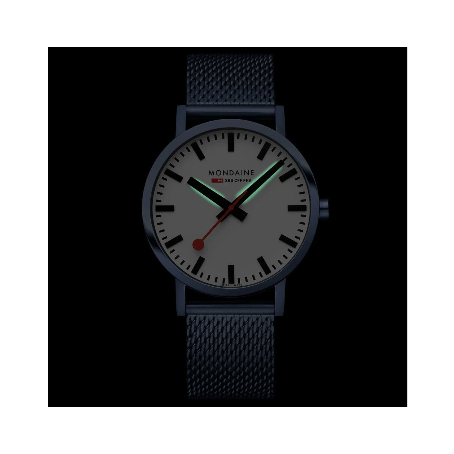 Mondaine, Classic with a 40mm stainless steel IP blue brushed case and bracelet strap featuring a white dial.
