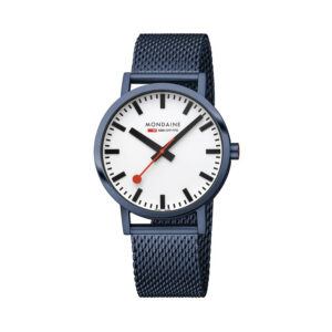 Mondaine, Classic with a 40mm stainless steel IP blue brushed case and bracelet strap featuring a white dial.