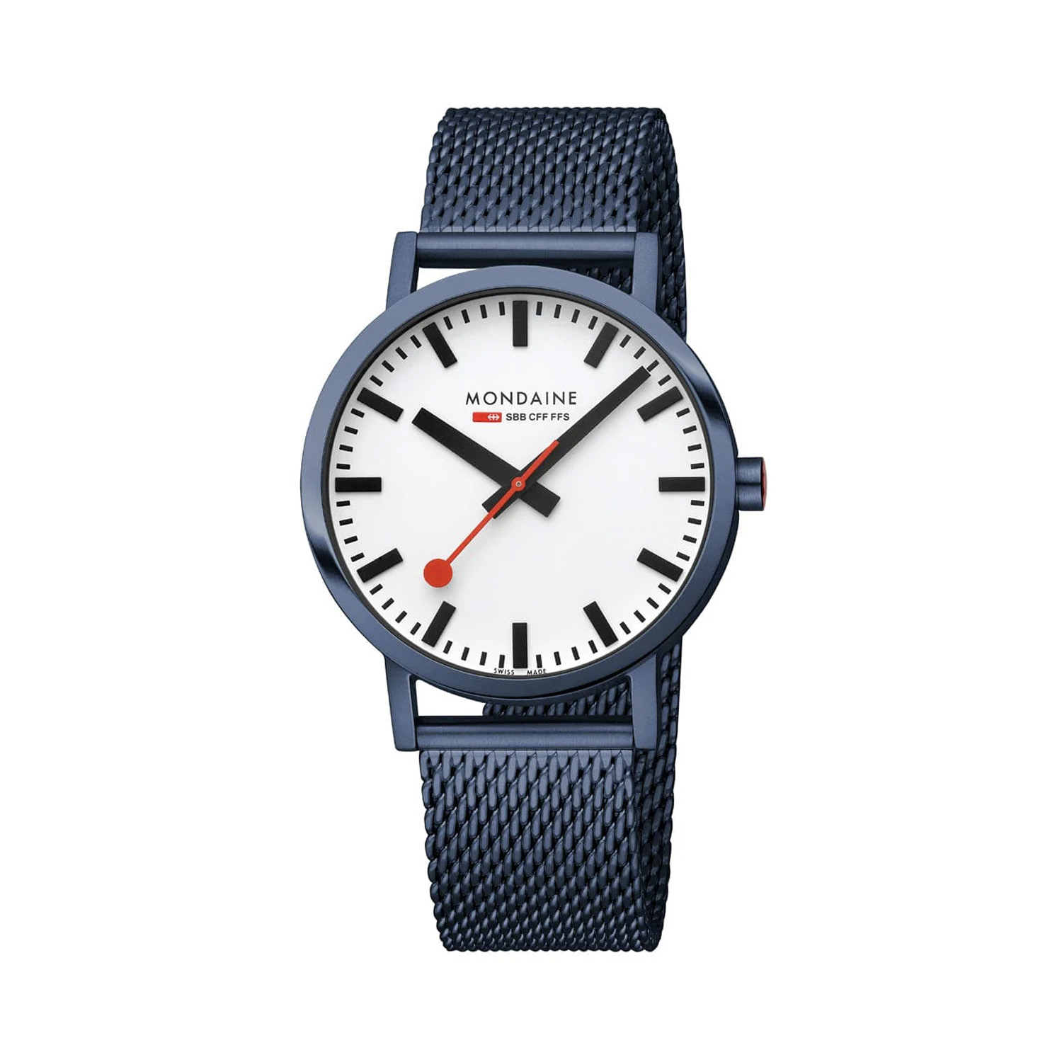 Mondaine, Classic with a 40mm stainless steel IP blue brushed case and bracelet strap featuring a white dial.