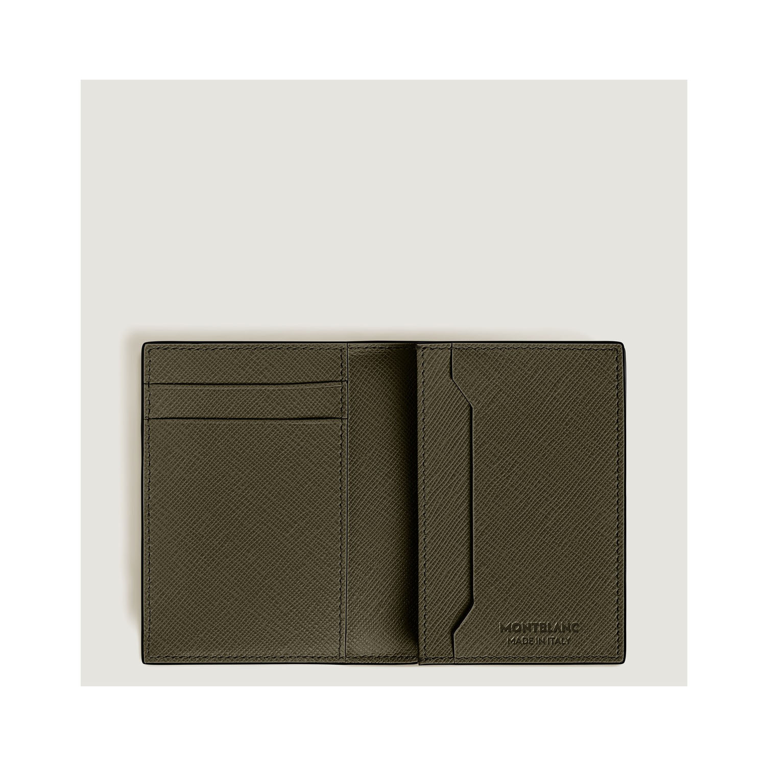 A Montblanc, Sartorial card holder crafted in khaki coloured leather featuring three credit card slots, a business card compartment, an additional interior pocket and a fourth exterior credit card slot.