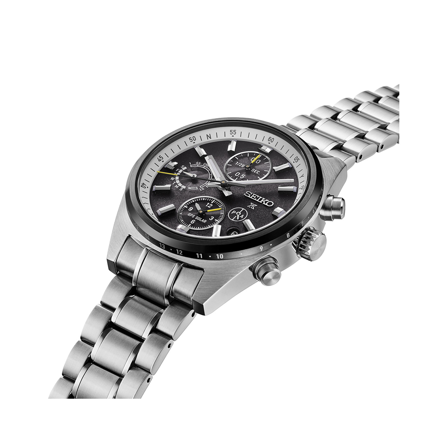 Seiko, Prospex Speedtimer GPS, Solar Men's Watch Seiko, Prospex Speedtimer GPS with a 42mm stainless steel case and bracelet strap featuring a GPS function, chronograph and a date function on a black dial.