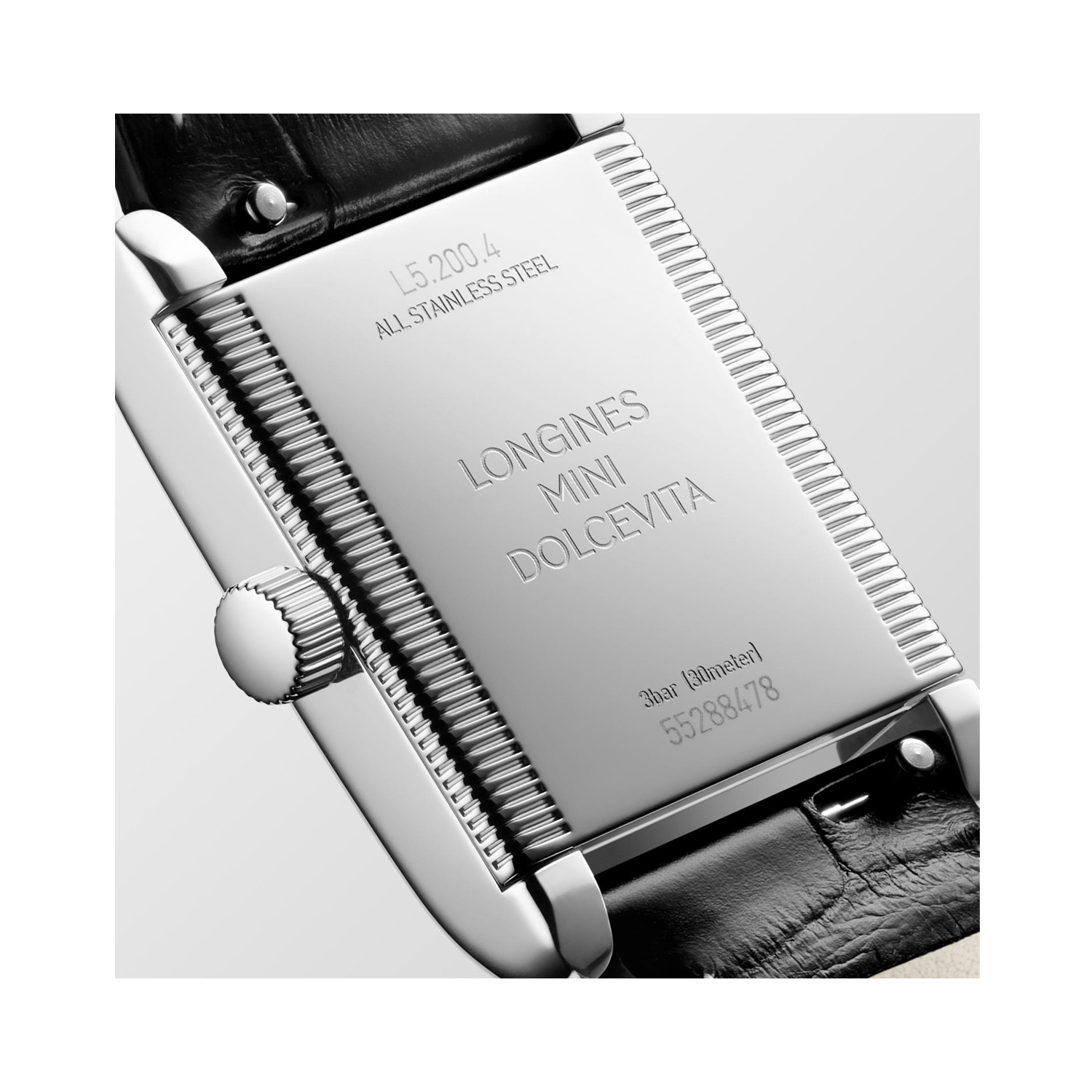 Longines, Mini DolceVita with a 21.5 x 29mm stainless steel case and black leather strap featuring a small seconds hand and a silver dial.