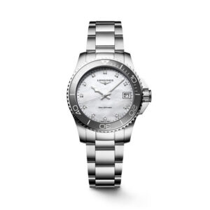 Longines, HydroConquest with a 32mm stainless steel case and bracelet strap featuring a date function and a white mother of pearl, diamond set dial with a grey ceramic bezel.