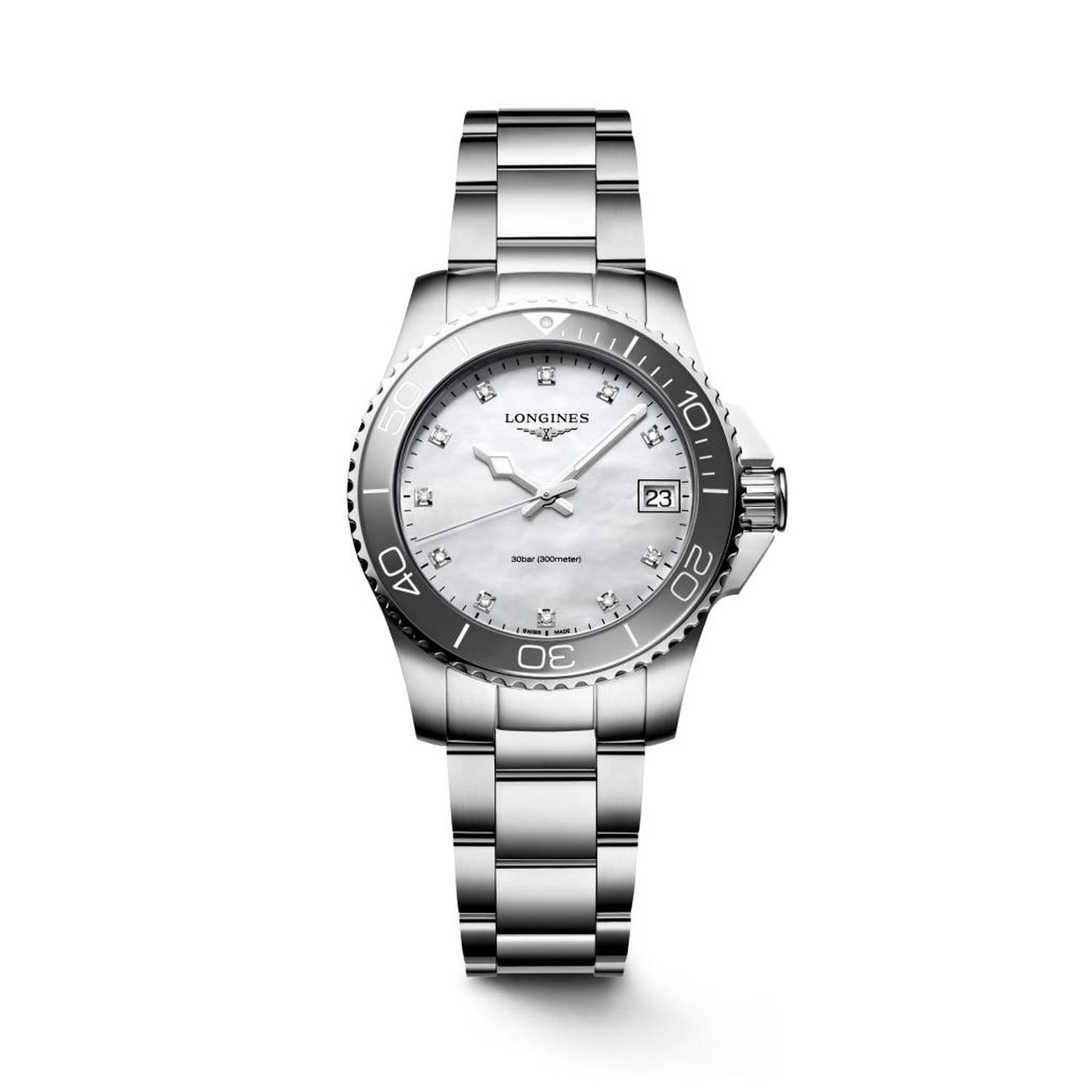 Longines, HydroConquest with a 32mm stainless steel case and bracelet strap featuring a date function and a white mother of pearl, diamond set dial with a grey ceramic bezel.