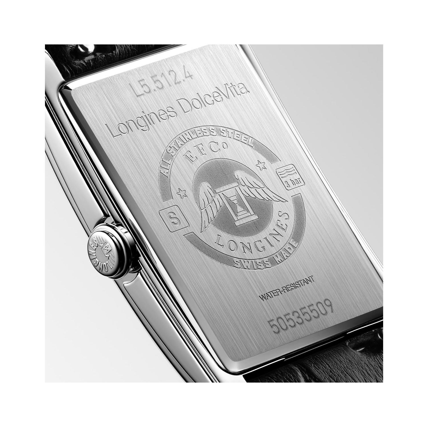 Longines, DolceVita with a 23.3 x 37mm stainless steel case and black leather strap featuring a small seconds hand and a black dial.