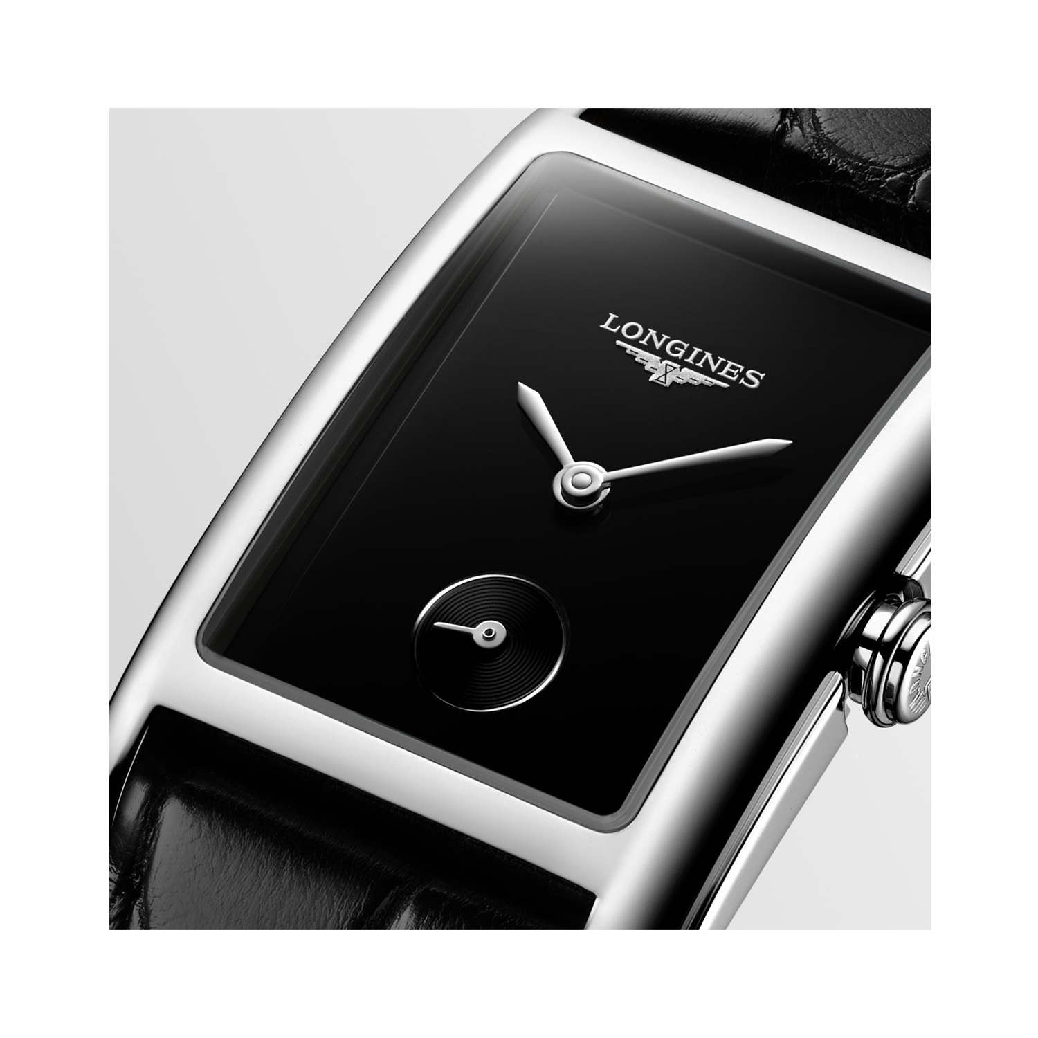 Longines, DolceVita with a 23.3 x 37mm stainless steel case and black leather strap featuring a small seconds hand and a black dial.