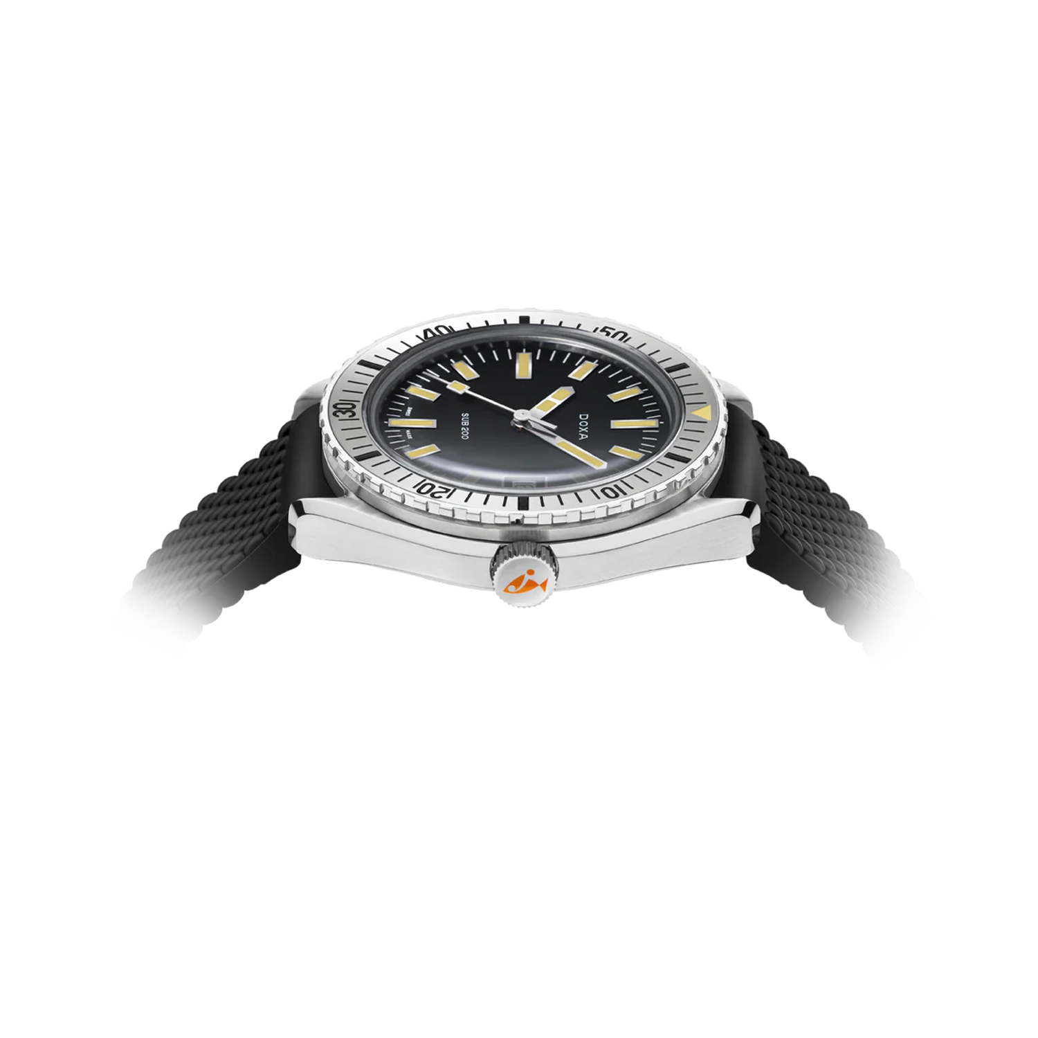 DOXA SUB 200, Sharkhunter with a 42mm stainless steel case and a black rubber strap featuring a date function and a black dial and stainless steel bezel.