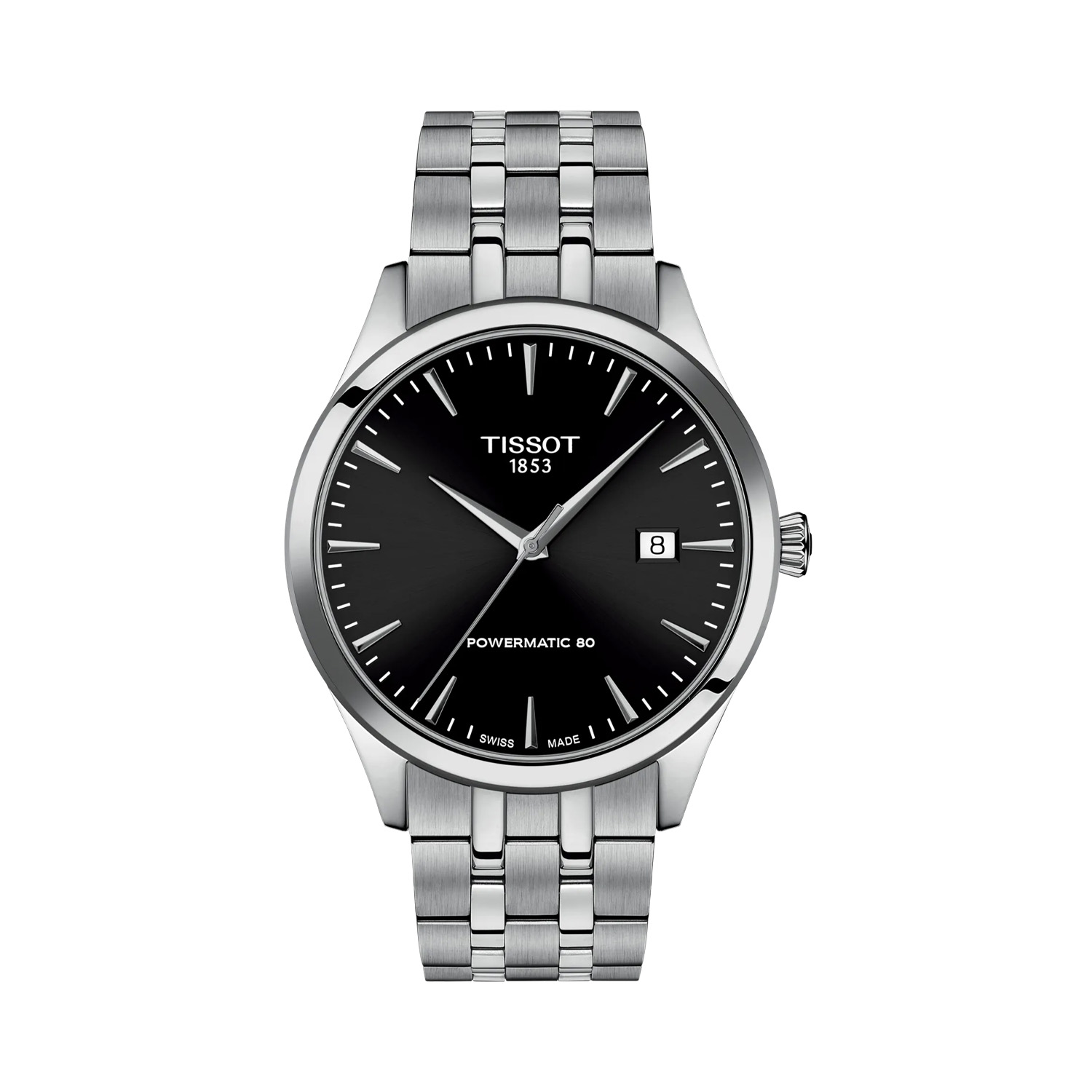 Tissot, Classic Dream Powermatic 80 with a 40mm stainless steel case and bracelet strap featuring a date function and a black dial.