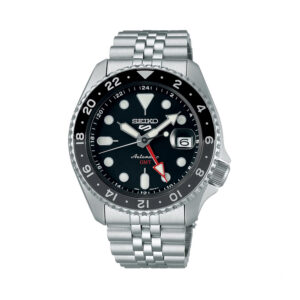 Seiko 5 Sports with a 42.5mm stainless steel case and bracelet strap featuring a date function, GMT function and a black dial and bezel.