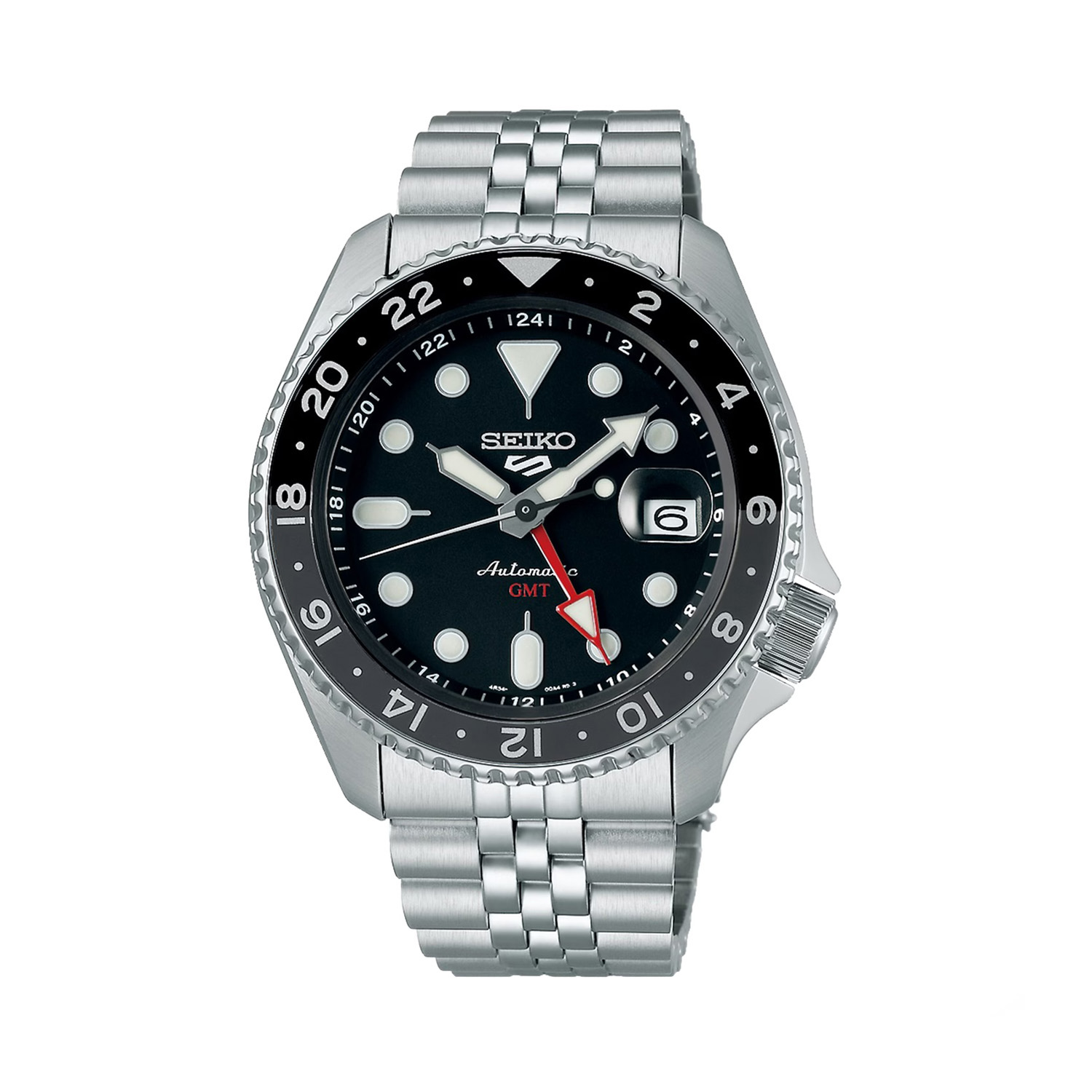 Seiko 5 Sports with a 42.5mm stainless steel case and bracelet strap featuring a date function, GMT function and a black dial and bezel.