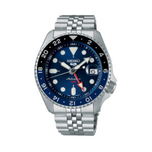 Seiko 5 Sports with a 42.5mm stainless steel case and bracelet strap featuring a date function, GMT function and a blue dial and bezel.