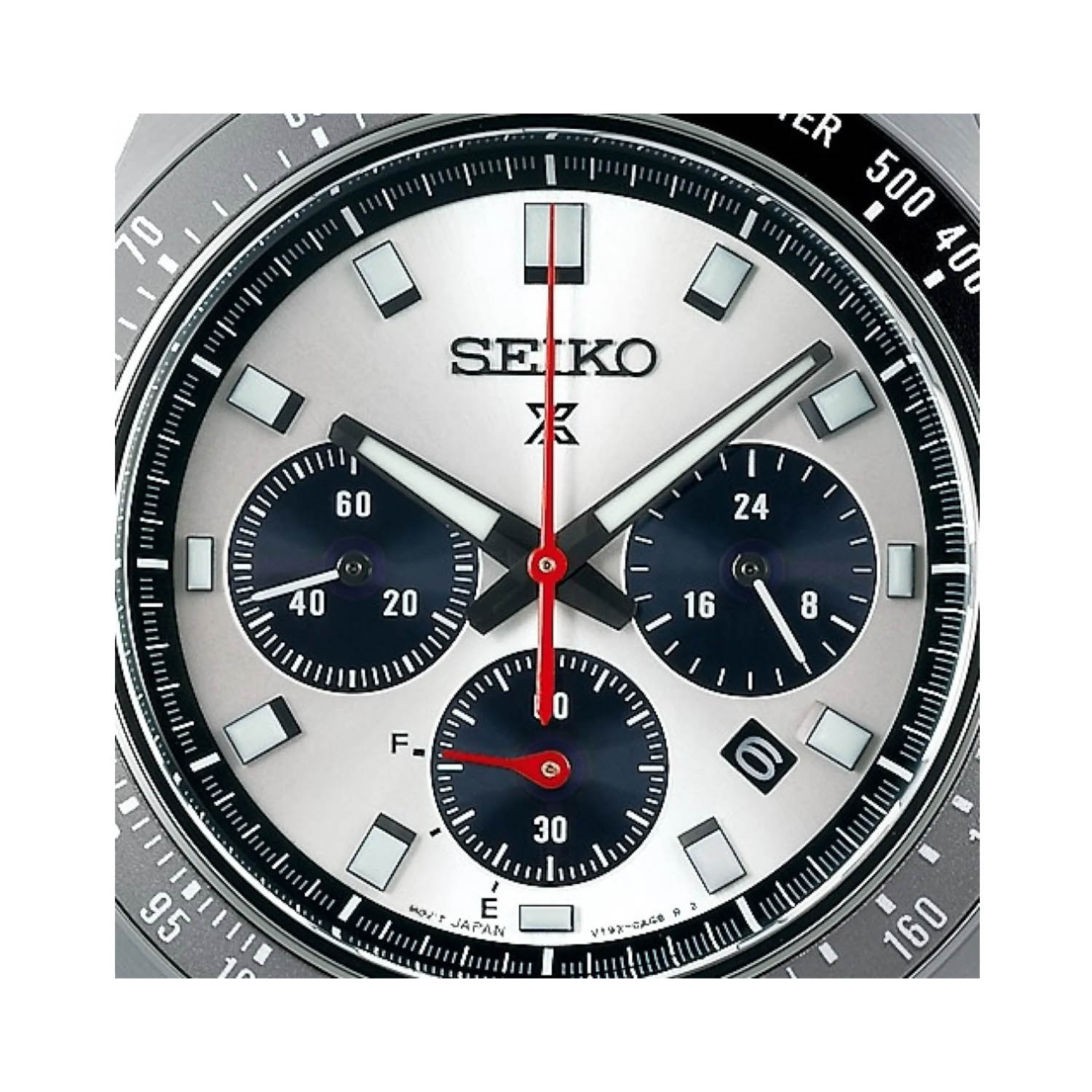 Seiko, Prospex Speedtimer 'Go Large' with a 41.4mm stainless steel case and bracelet strap featuring a date function, chronograph and a silver dial with a grey and black bezel.